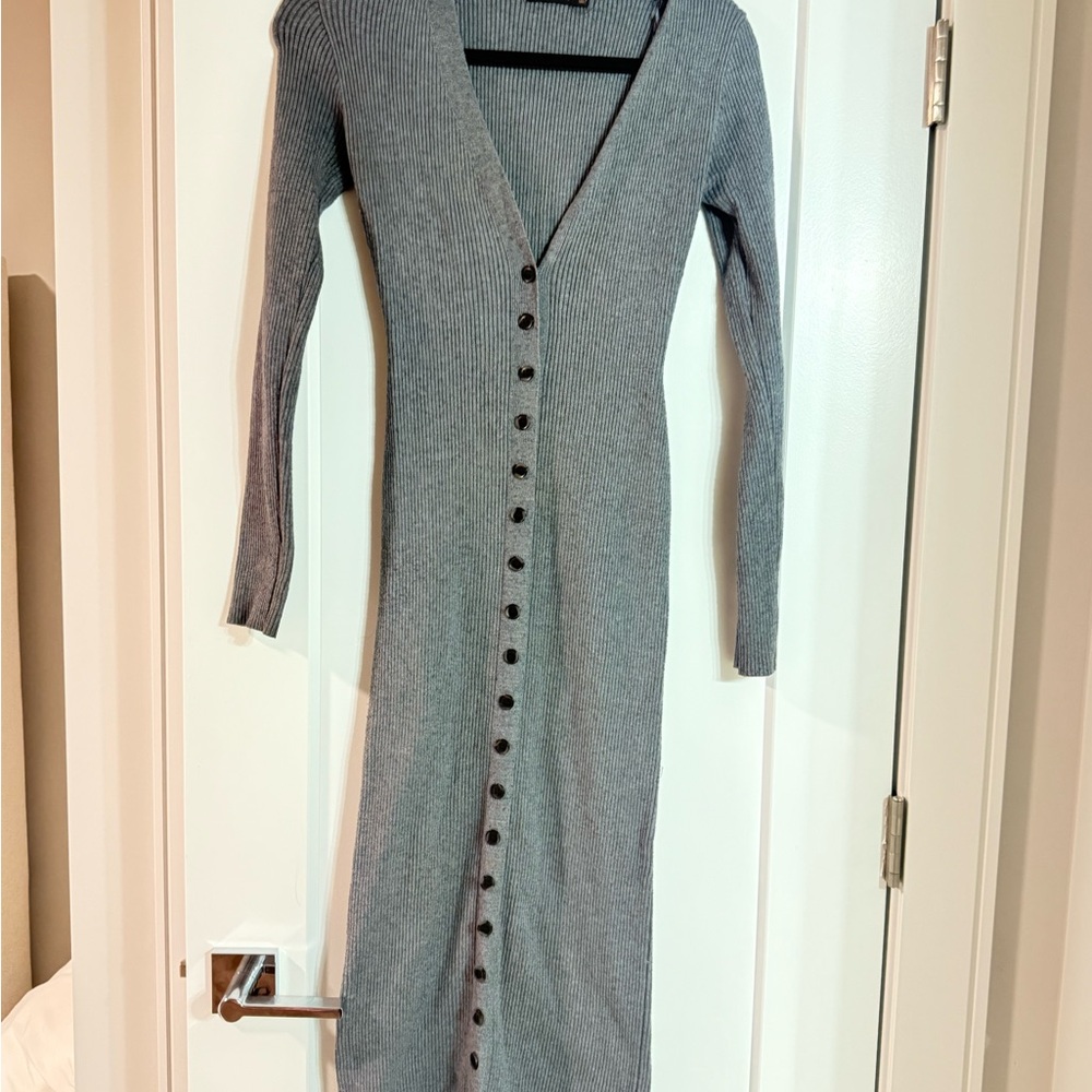 Gray Button-Down Ribbed Dress